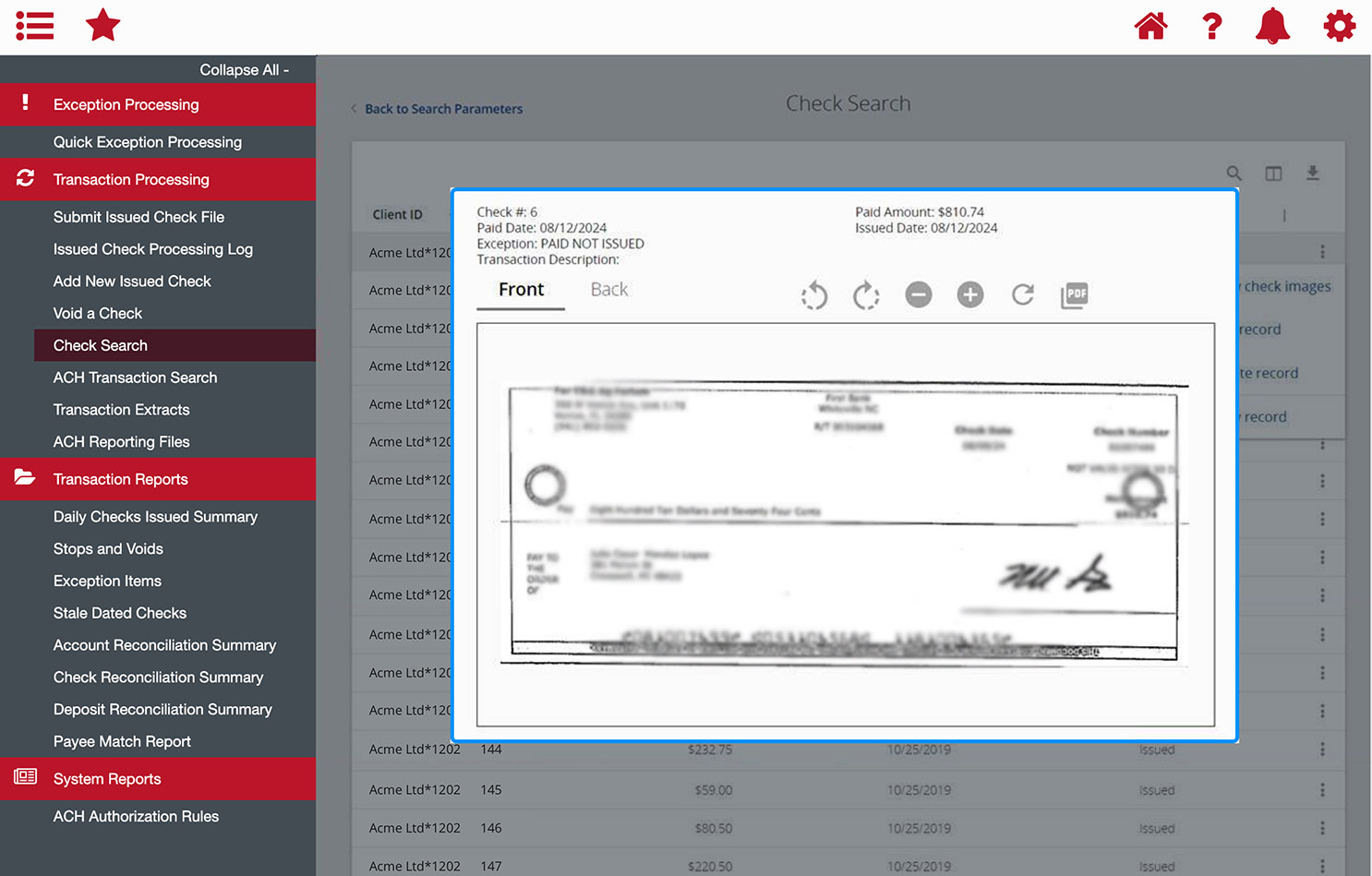 First Bank online banking screen showing the check.