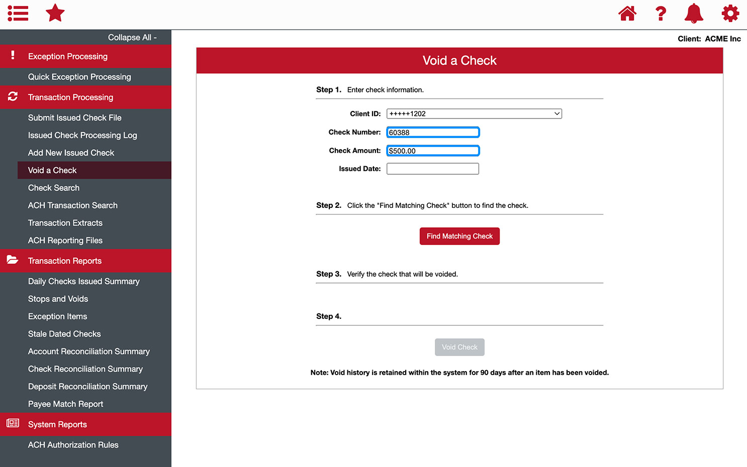 First Bank online banking screen highlighting the Check Number and Check Amount form fields.