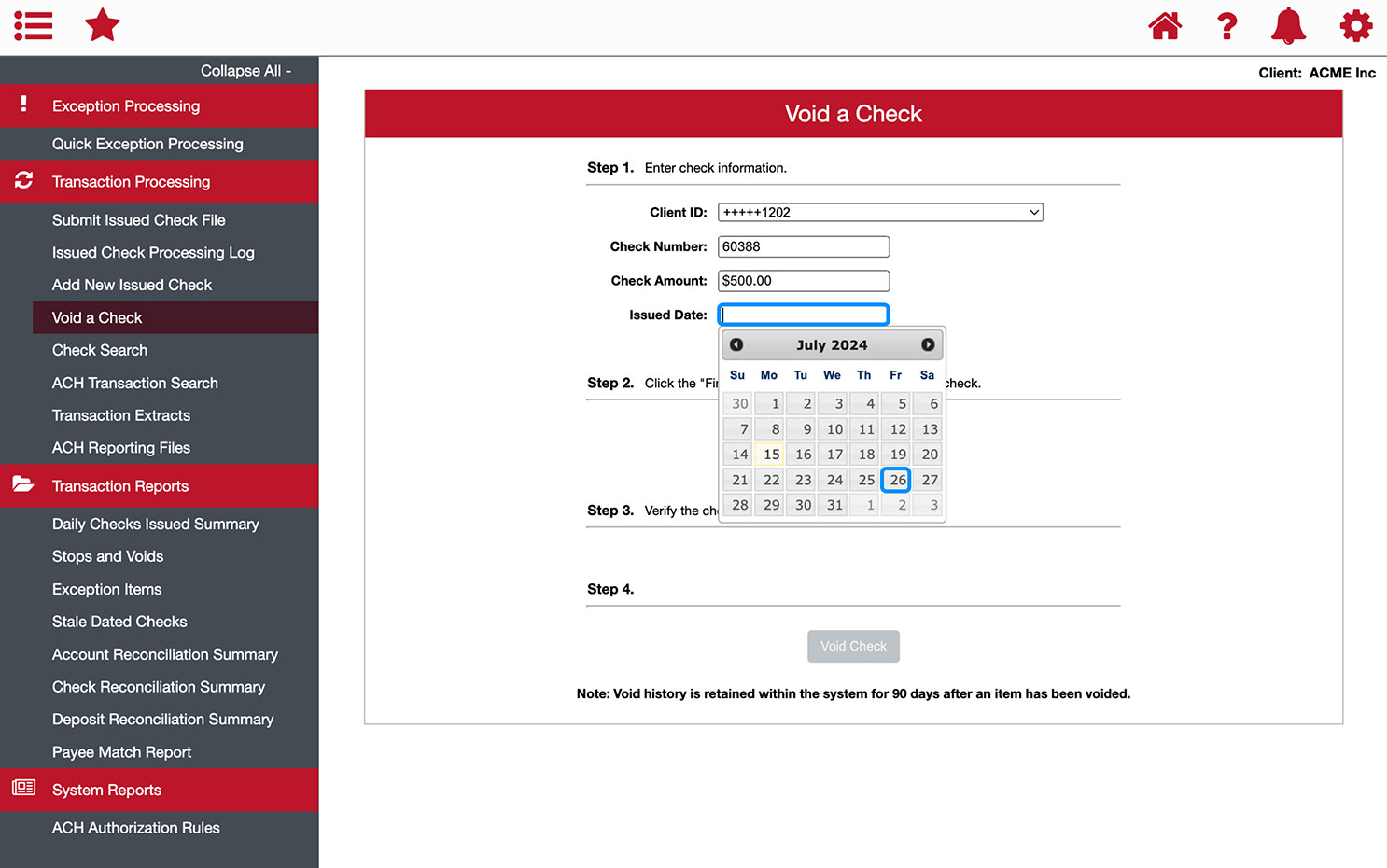 First Bank online banking screen showing the Issued Date field opened with a date selector.