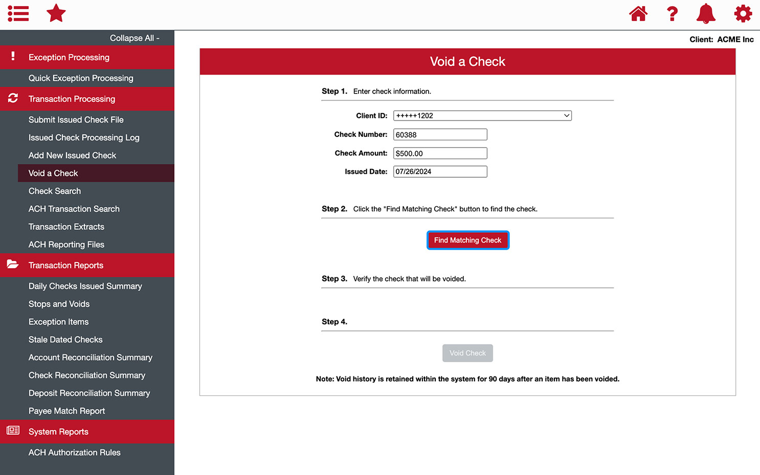 First Bank online banking screen highlighting the Find Matching Check button.