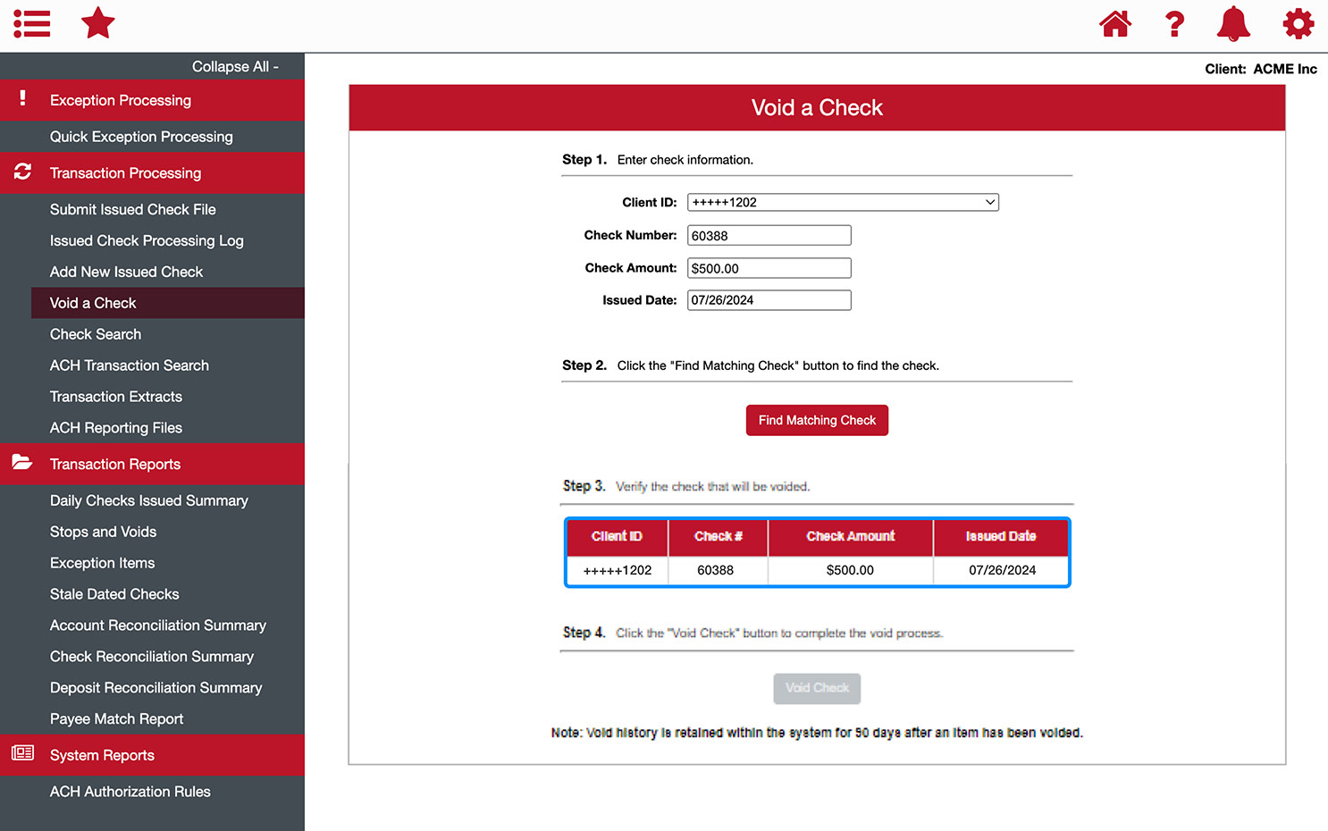 First Bank online banking screen highlighting the check information.