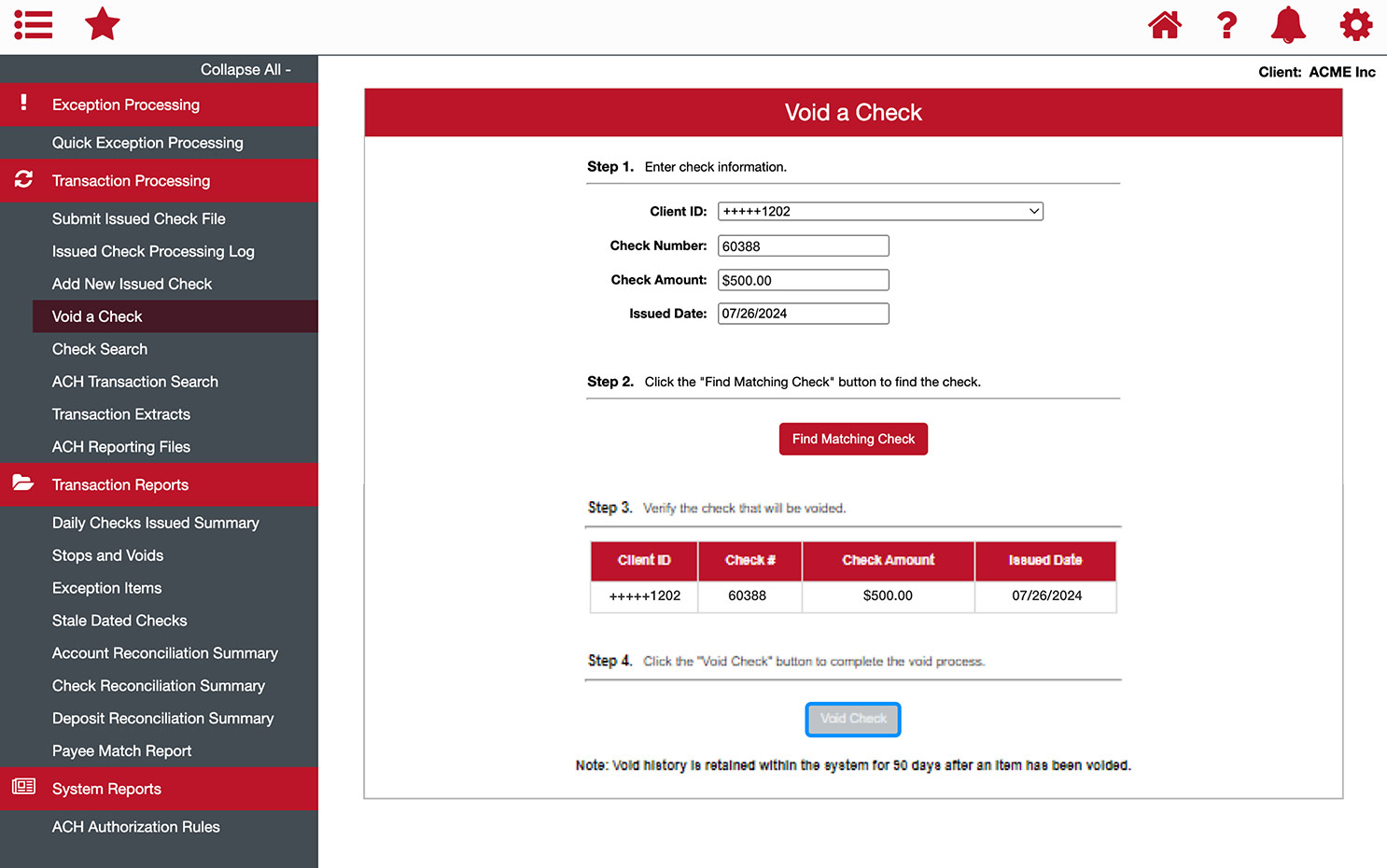 First Bank online banking screen highlighting the Void Check button.