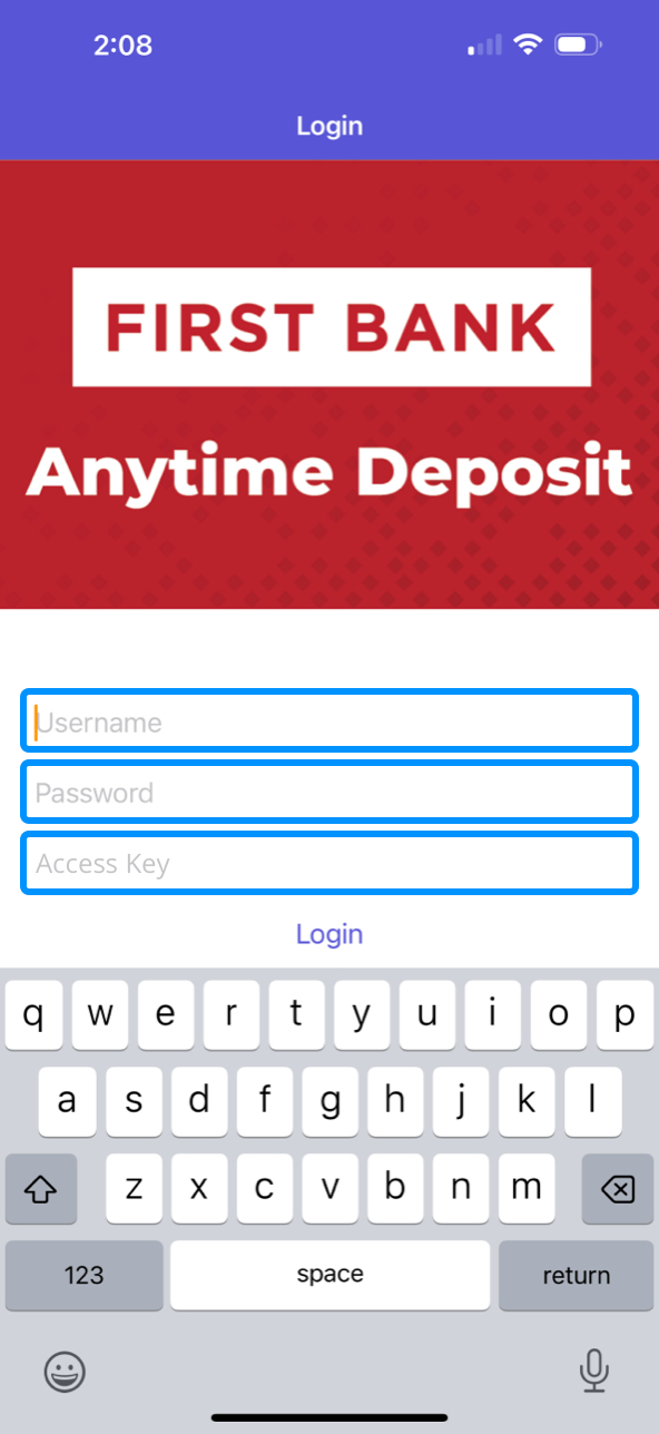 Anytime Deposit App screen showing the login fields.