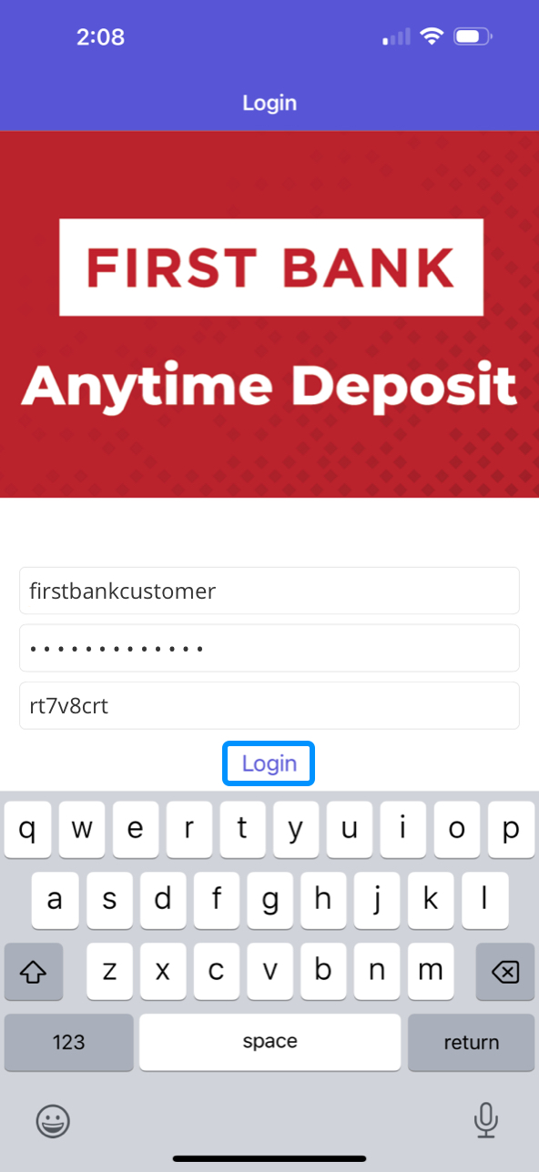 Anytime Deposit App screen highlighting the login button.