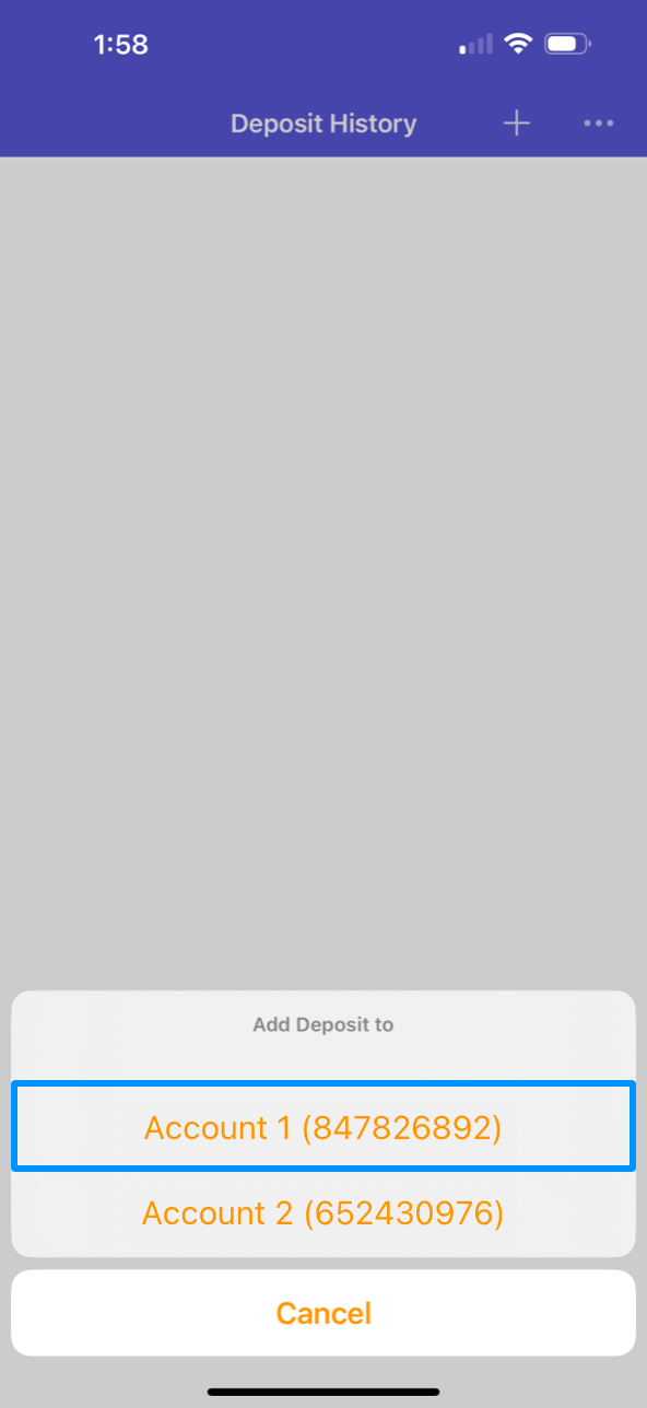 Anytime Deposit App screen showing the account picker options.