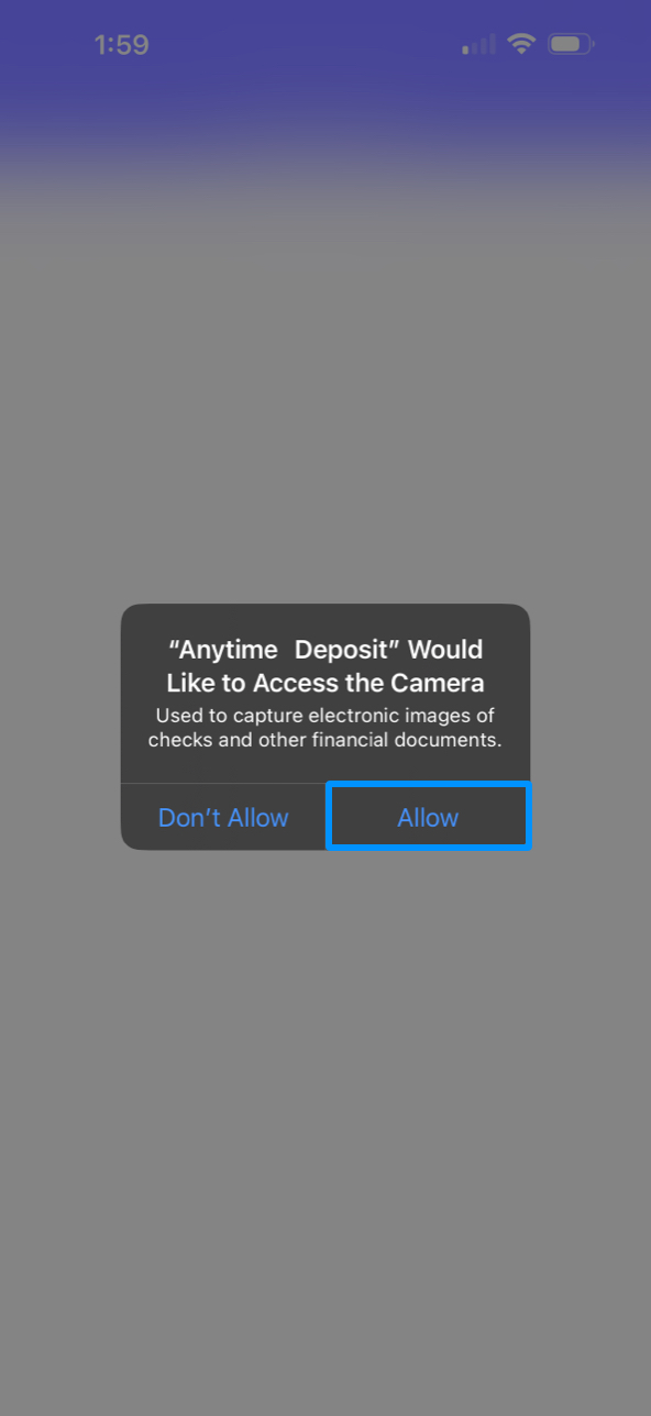 Anytime Deposit App screen showing camera access request.