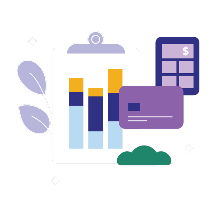 Illustration of clipboard with charts, a credit card, and a calculator.