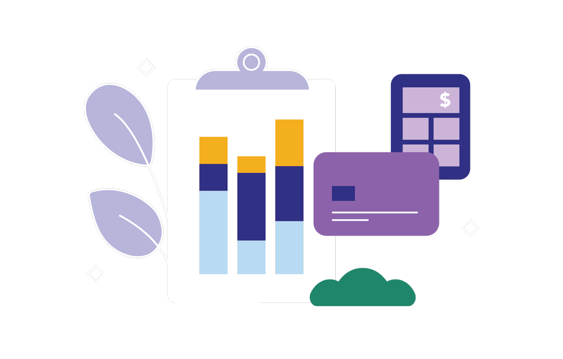 Illustration of clipboard with charts, a credit card, and a calculator.