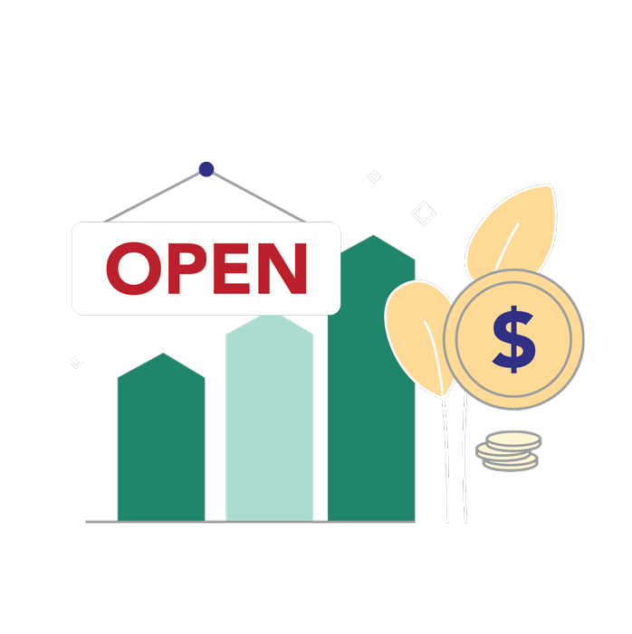 Illustration of open sign in front of increasing charts.