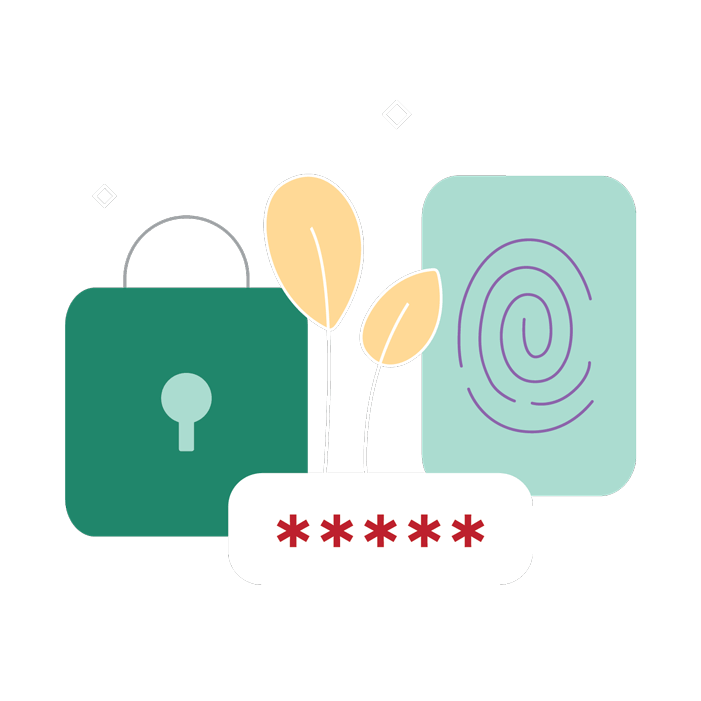 Illustration of password field, lock, and fingerprint.