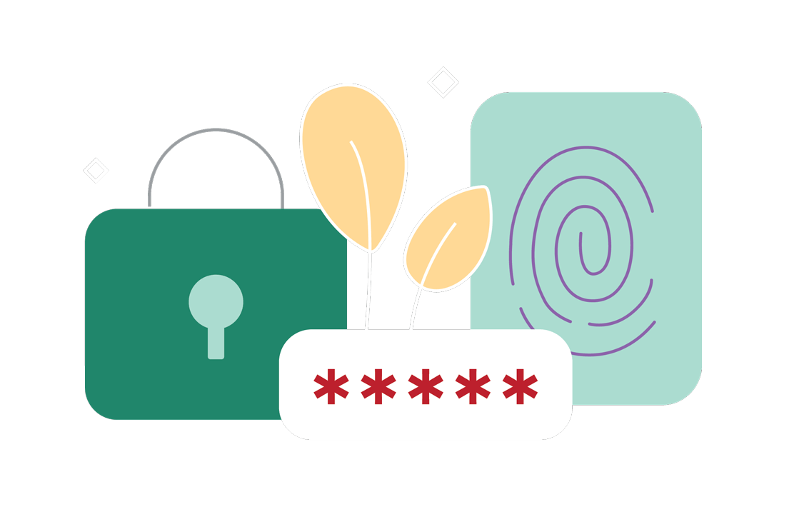 Illustration of password field, lock, and fingerprint.