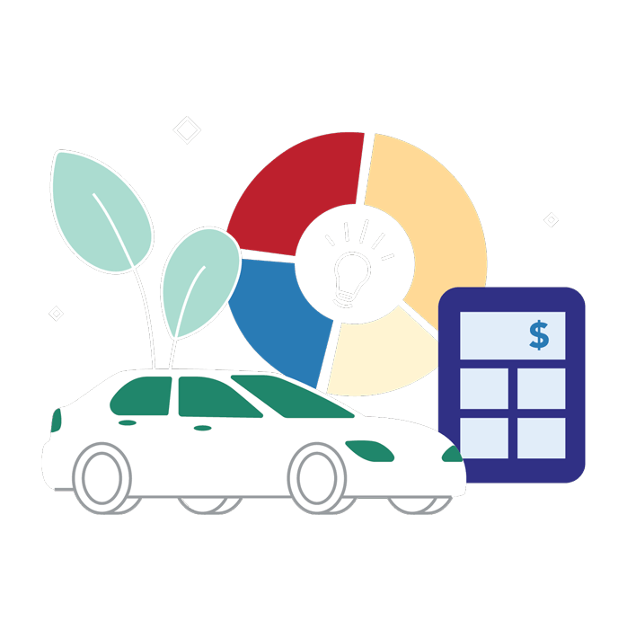 Illustration of charts, a car, and calculators.