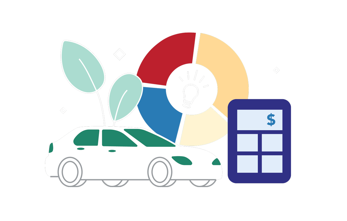 Illustration of charts, a car, and calculators.