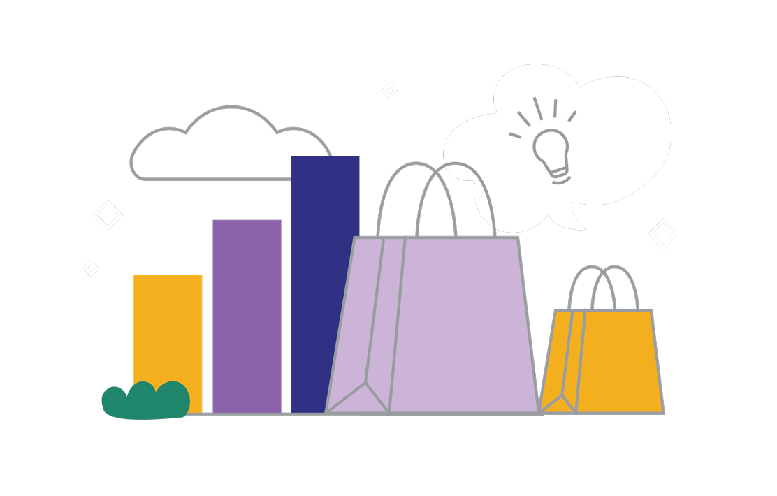 Illustration of shopping bags and charts.