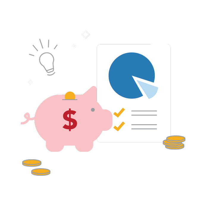 Illustration of piggybank and charts.