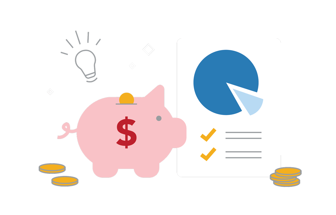 Illustration of piggybank and charts.