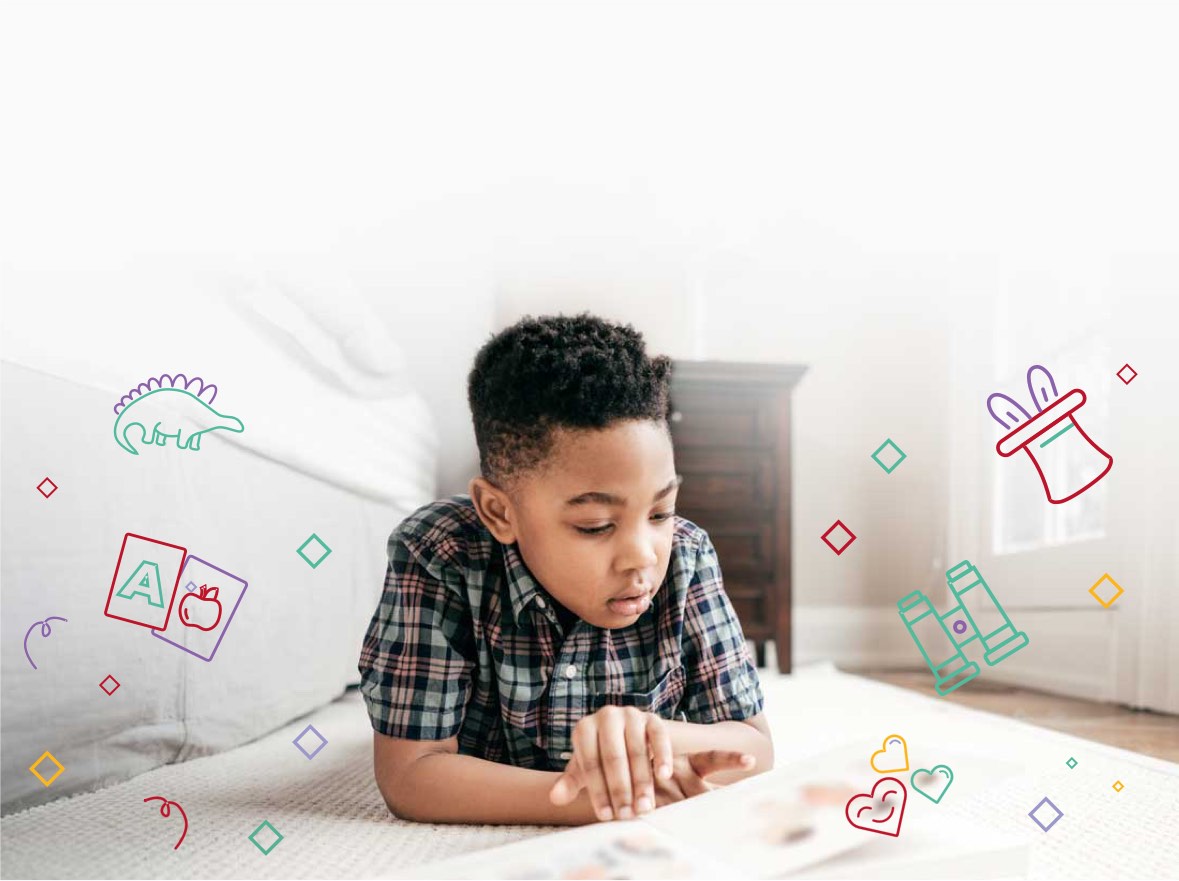 A child reading a book surrounded by illustrations.