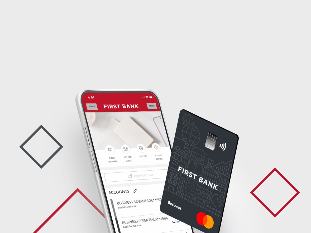 First Bank mobile app on a smartphone with a business credit card.