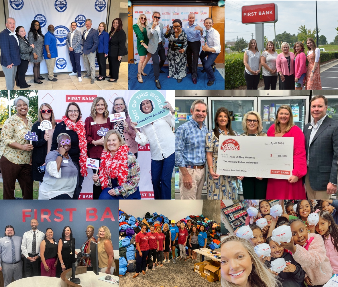 Collage of many photographs showing First Bank team members and events.