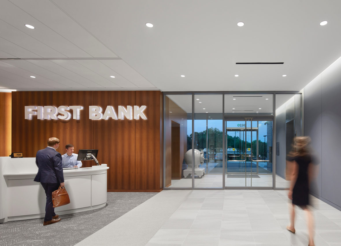 Interior lobby of the First Bank Head Quarters in 2021