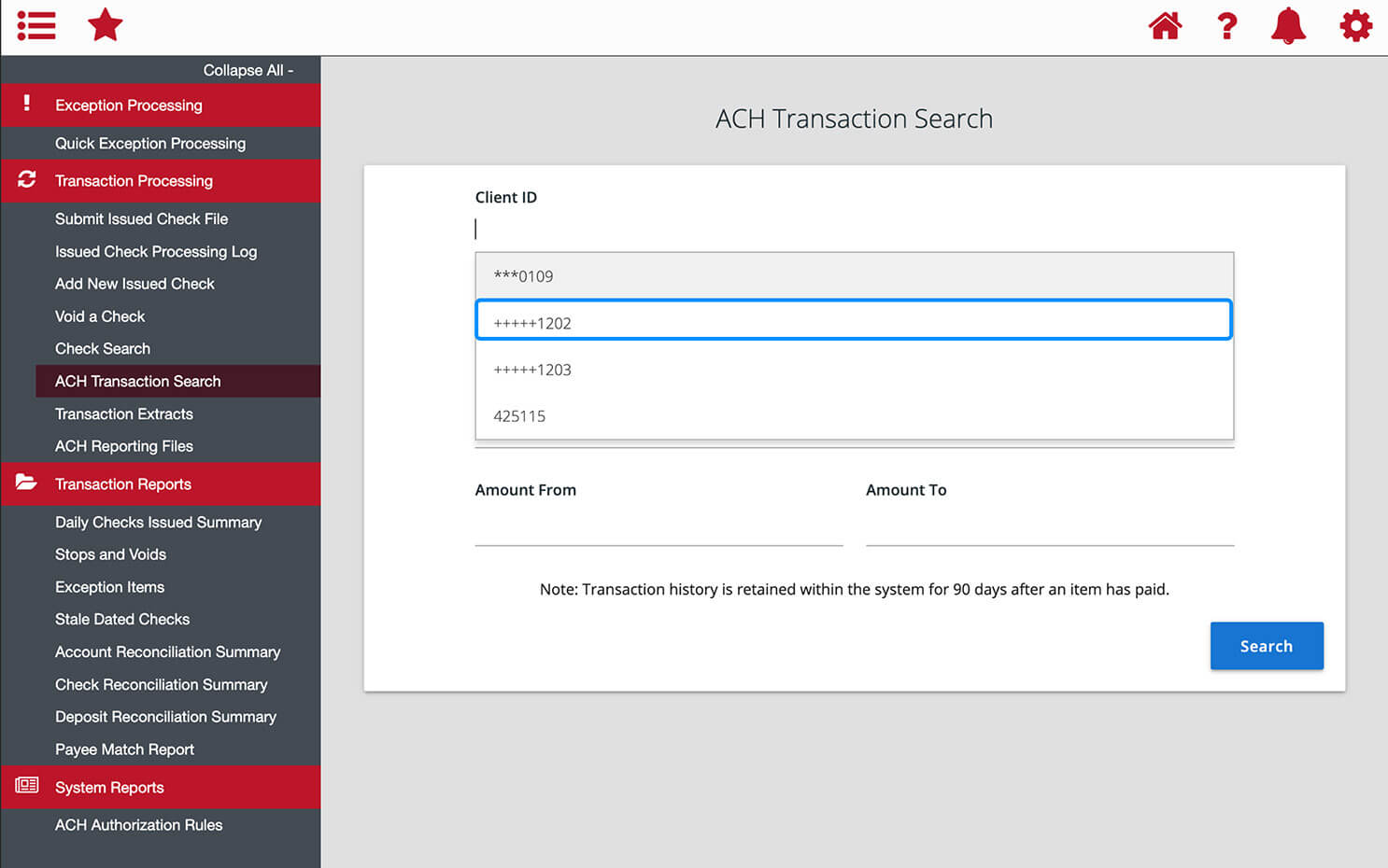 First Bank online banking screen showing the Client ID search dropdown.