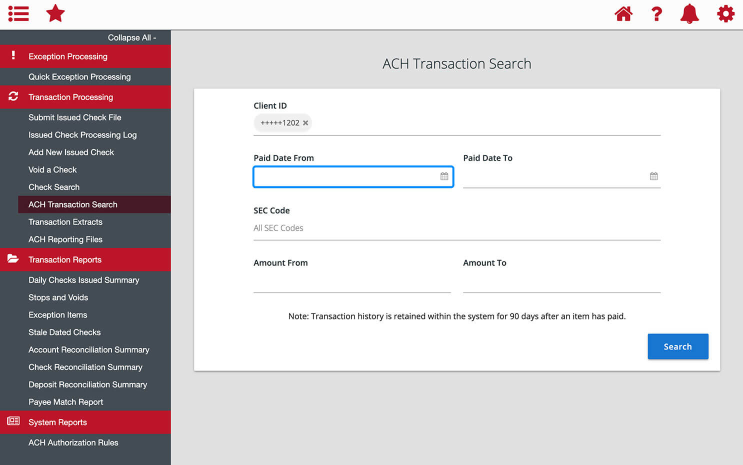 First Bank online banking screen highlighting the Paid Date From field.