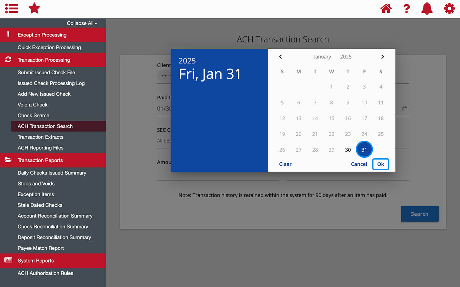 First Bank online banking screen showing the date picker.