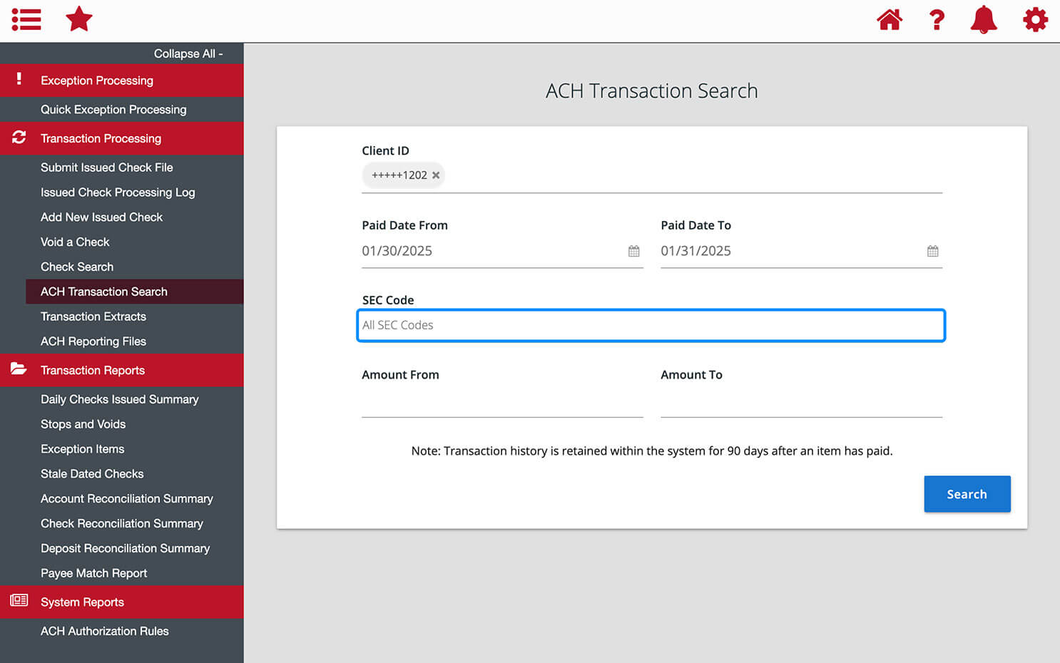 First Bank online banking screen highlighting the SEC Codes field.