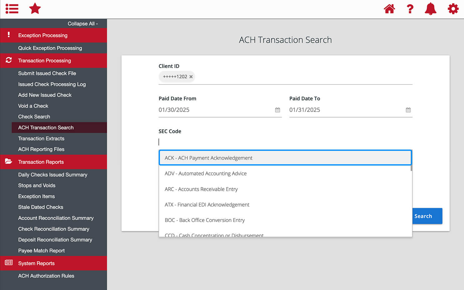 First Bank online banking screen showing the dropdown of SEC Codes from which to pick.