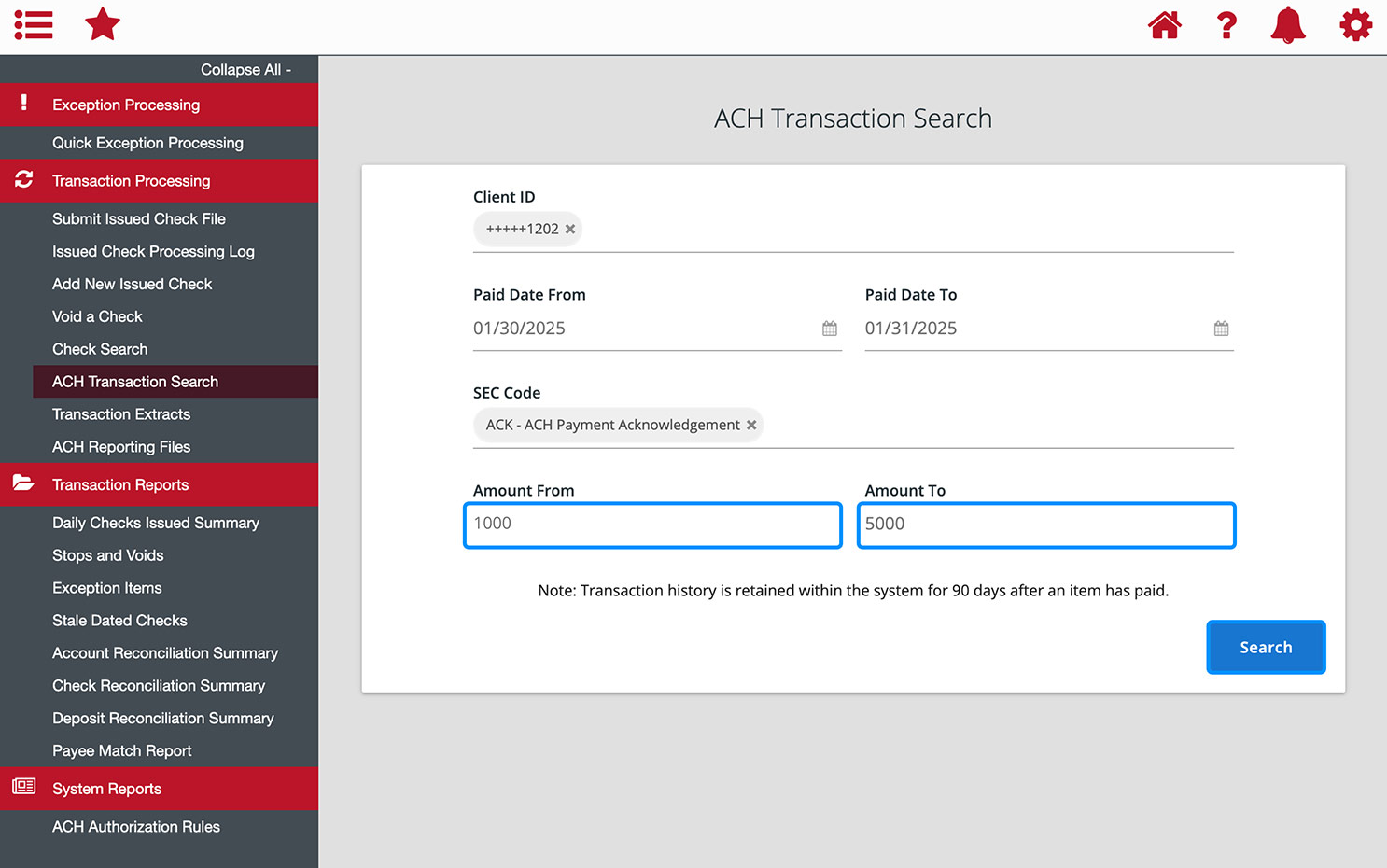 First Bank online banking screen highlighting the Amount From, and Amount To fields as well as the Search button.