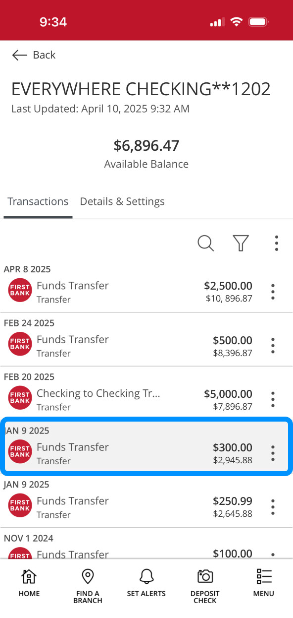 First Bank online banking screen highlighting a transaction.