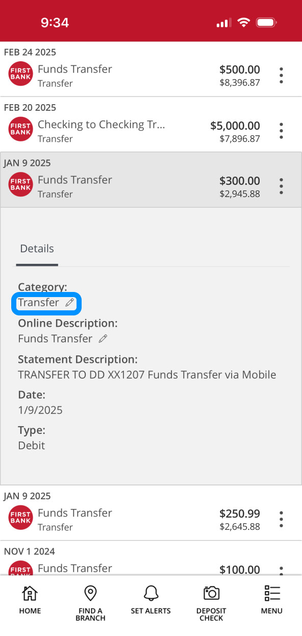 First Bank online banking screen highlighting the transaction categorization.