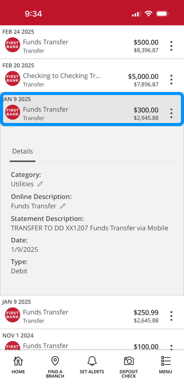 First Bank online banking screen showing a transaction's details.