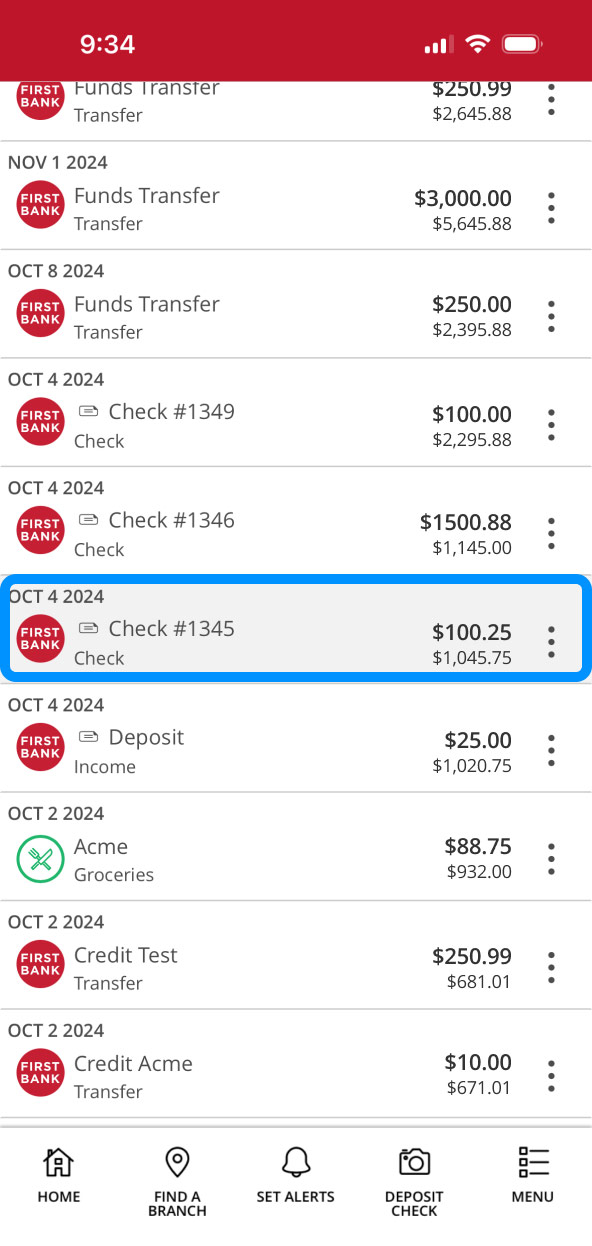 First Bank online banking screen showing transaction highlighted.