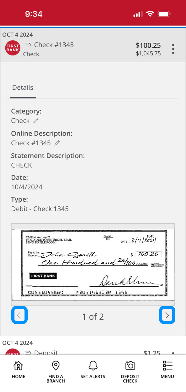 First Bank online banking screen showing front of check from transaction.