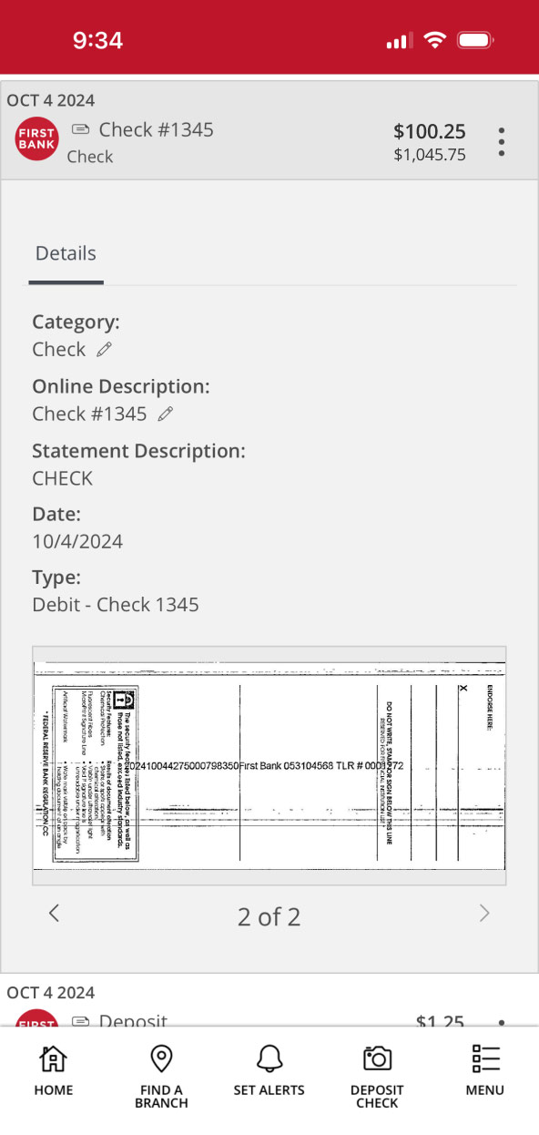 First Bank online banking screen showing back of check from transaction.