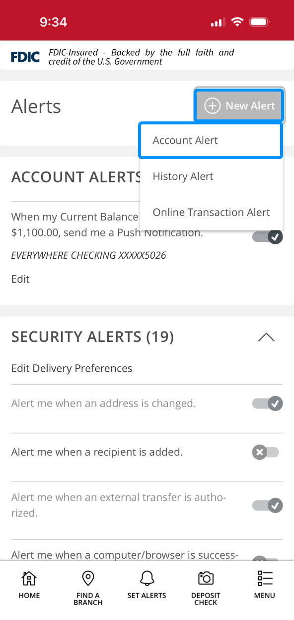 First Bank Online Banking screen highlighting the New Alert button.