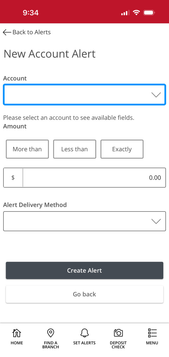 First Bank Online Banking screen highlighting the Account dropdown.