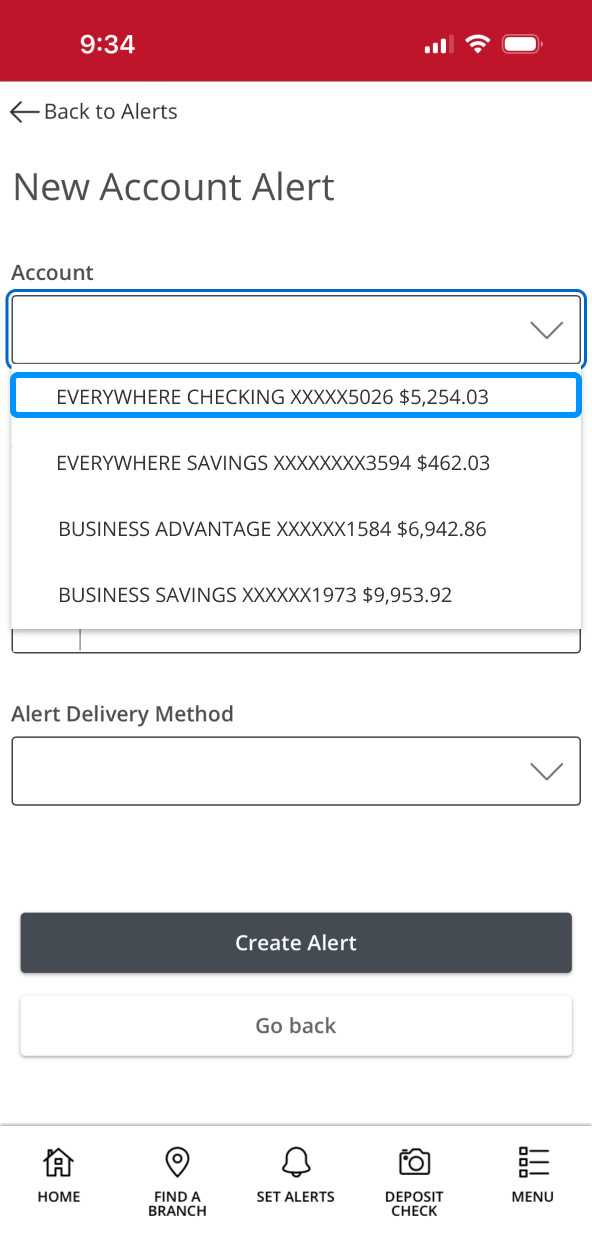 First Bank Online Banking screen showing the Account dropdown opened up.