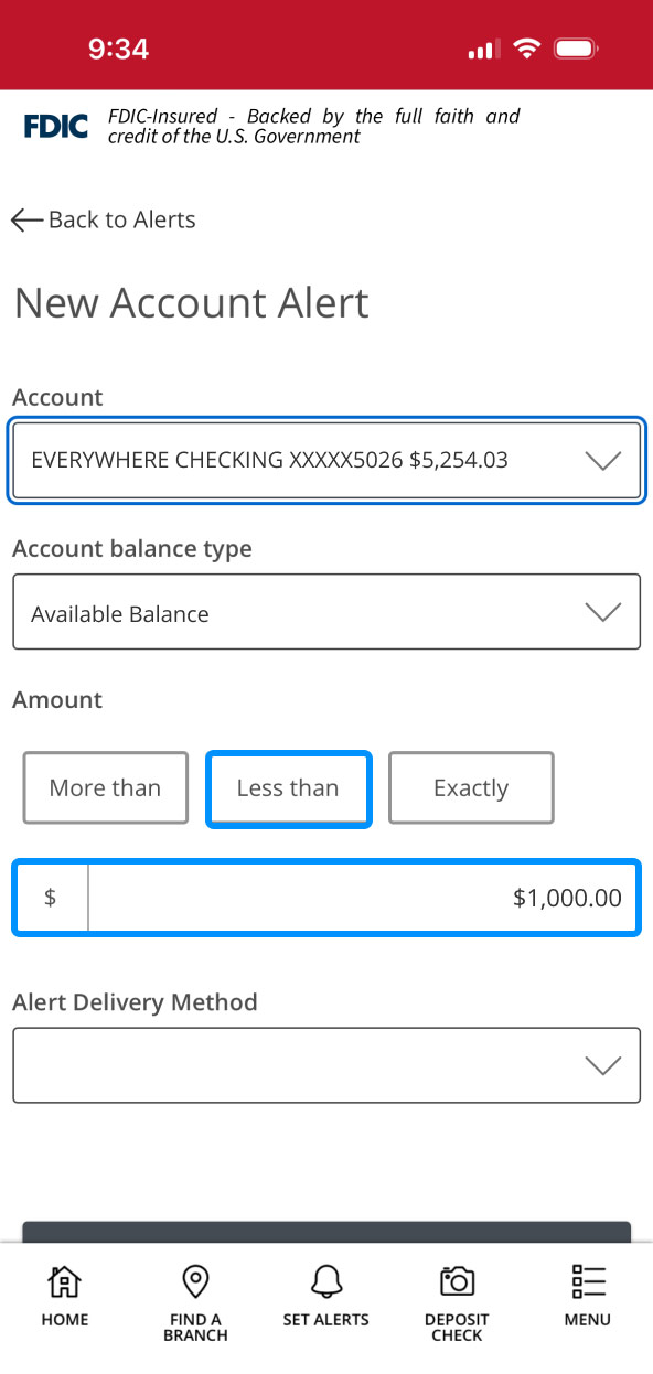 First Bank Online Banking screen highlighting various Account Alert amount fields.