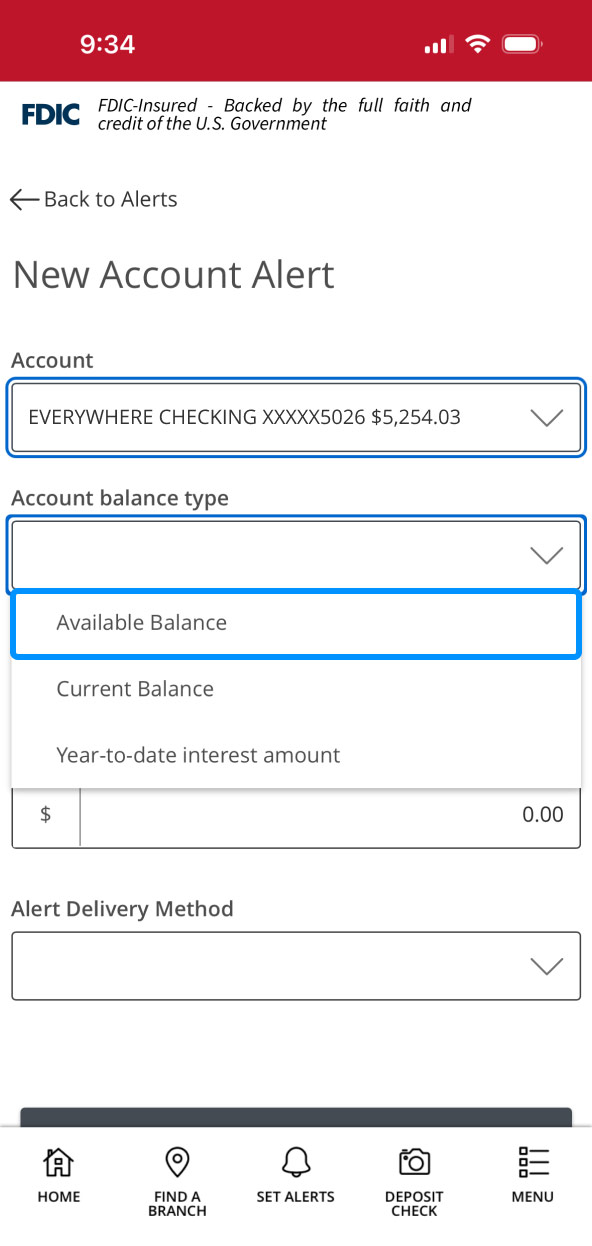 First Bank Online Banking screen showing the account balance type dropdown expanded.
