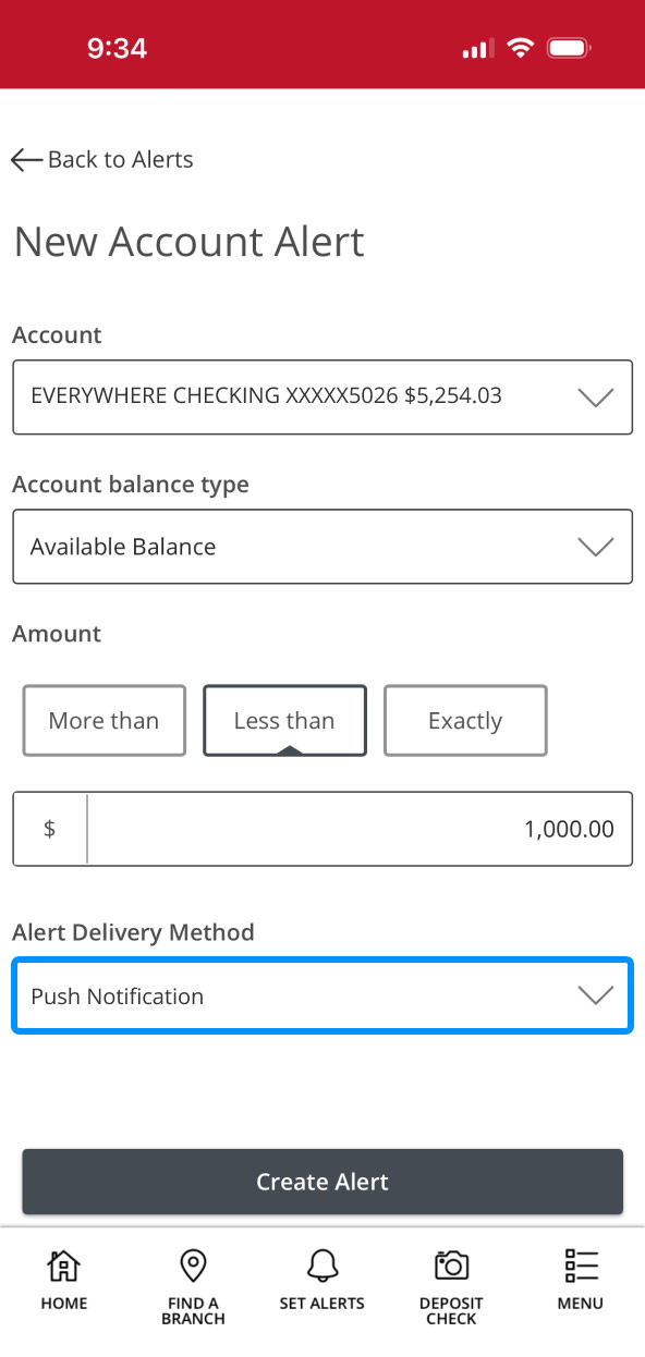First Bank Online Banking screen highlighting the Alert Delivery Method field.