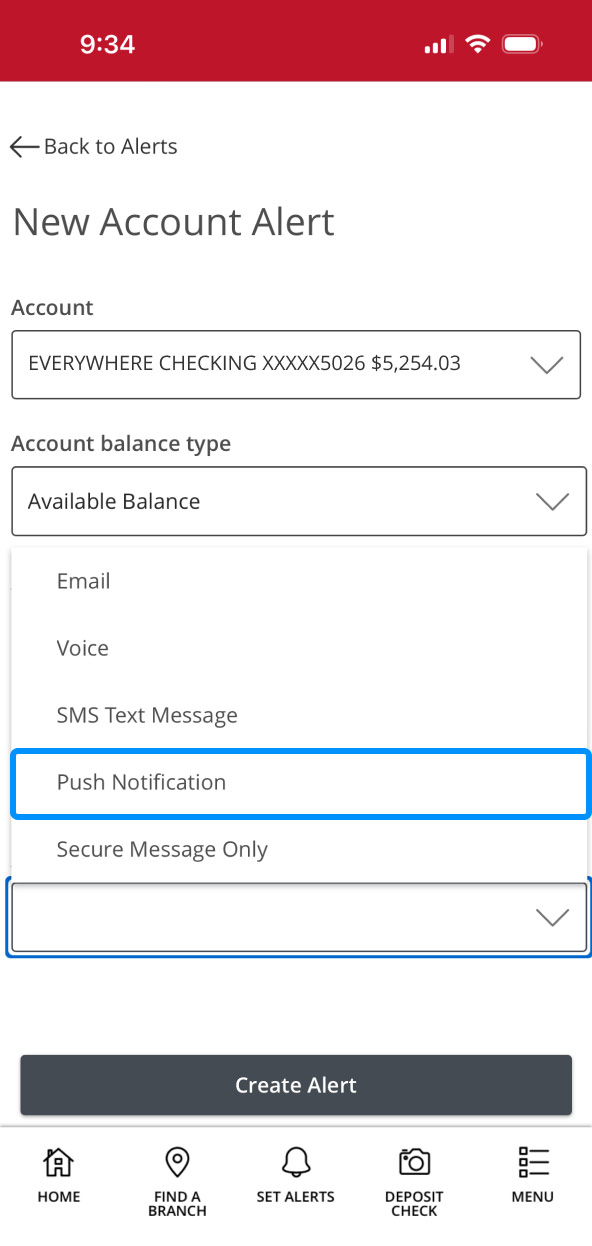 First Bank Online Banking screen showing the Alert Delivery Method dropdown opened.