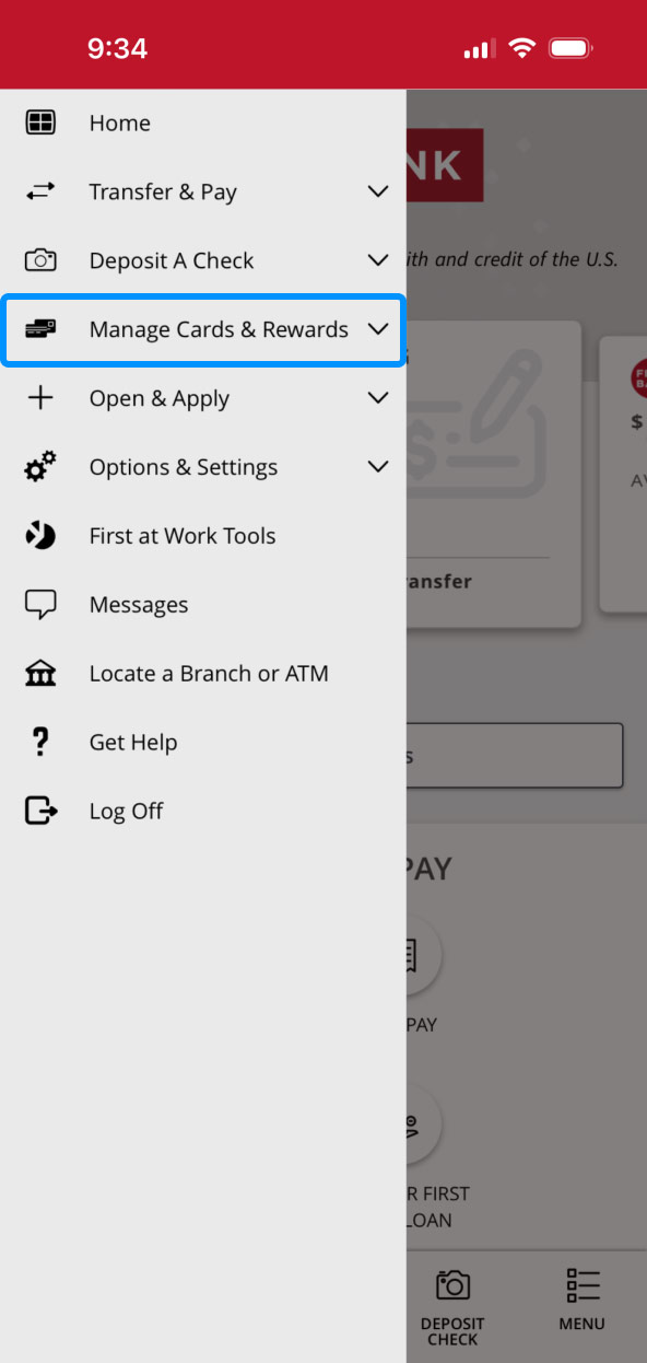 First Bank Online Banking screen highlighting the Credit Cards and Rewards menu item.