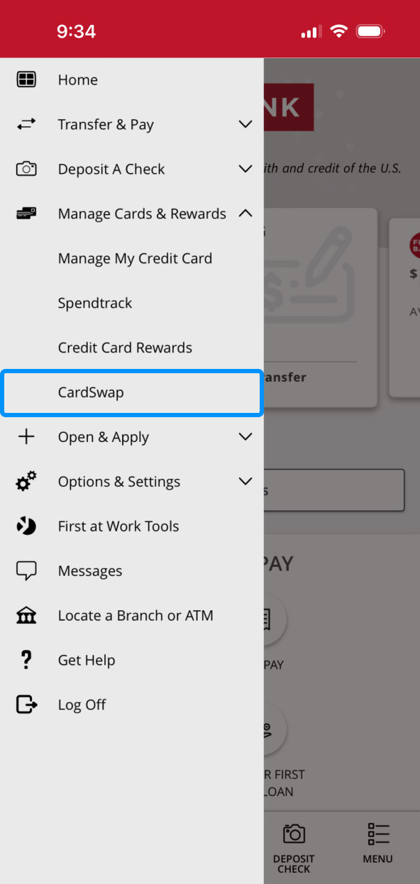 First Bank Online Banking screen highlighting the CardSwap menu item.