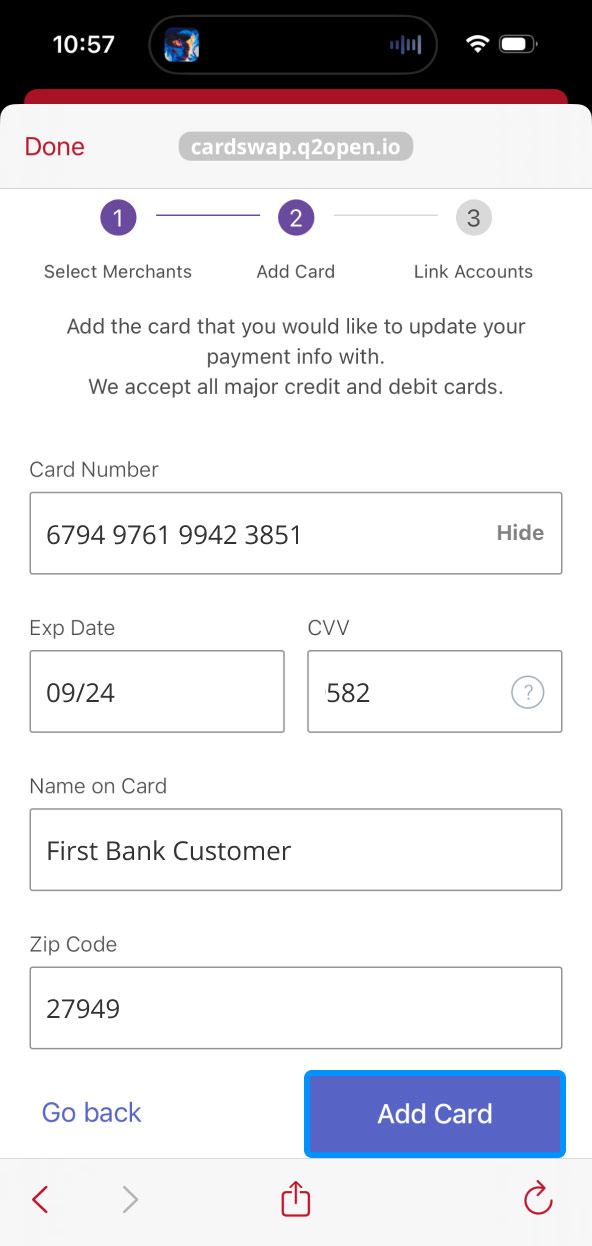 First Bank Online Banking screen showing filled in payment fields for CardSwap and highlighting the Add Card button.