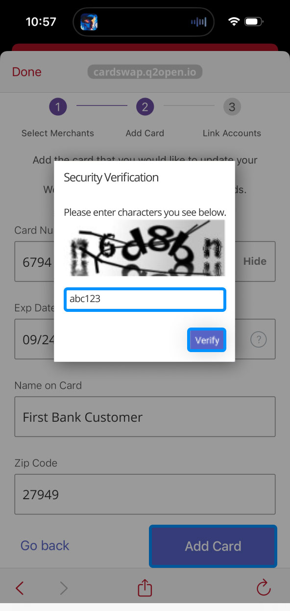 First Bank Online Banking screen showing the CardSwap CAPTCHA.