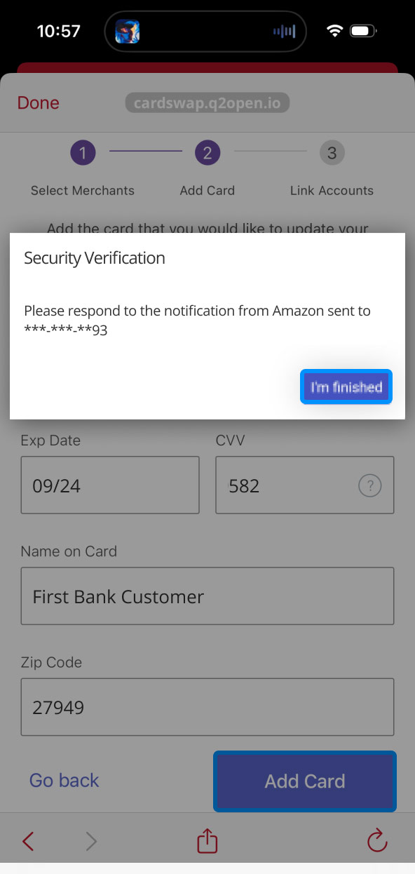 First Bank Online Banking screen showing CardSwap instructions for verifying a merchant and highlighting the I'm Finished button.