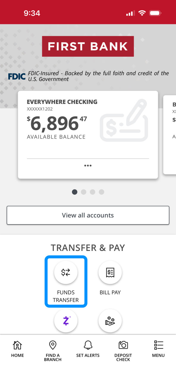 First Bank Online Banking screen highlighting the Funds Transfer button.