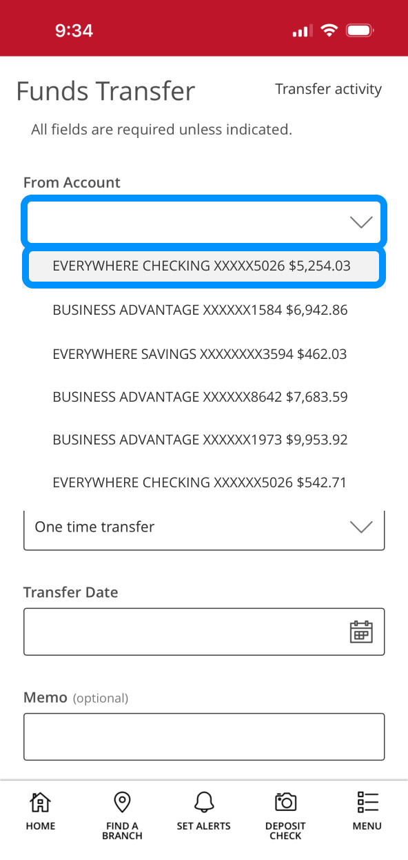 First Bank Online Banking screen highlighting the From Account field.
